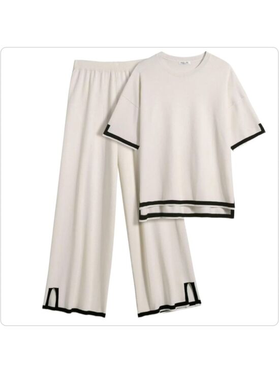 Ekouaer Pants - EKOUAER 2 PIECE KNIT LOUNGEWEAR SET CREAM BLACK WIDE LEG SHORT SLEEVE NWT XL